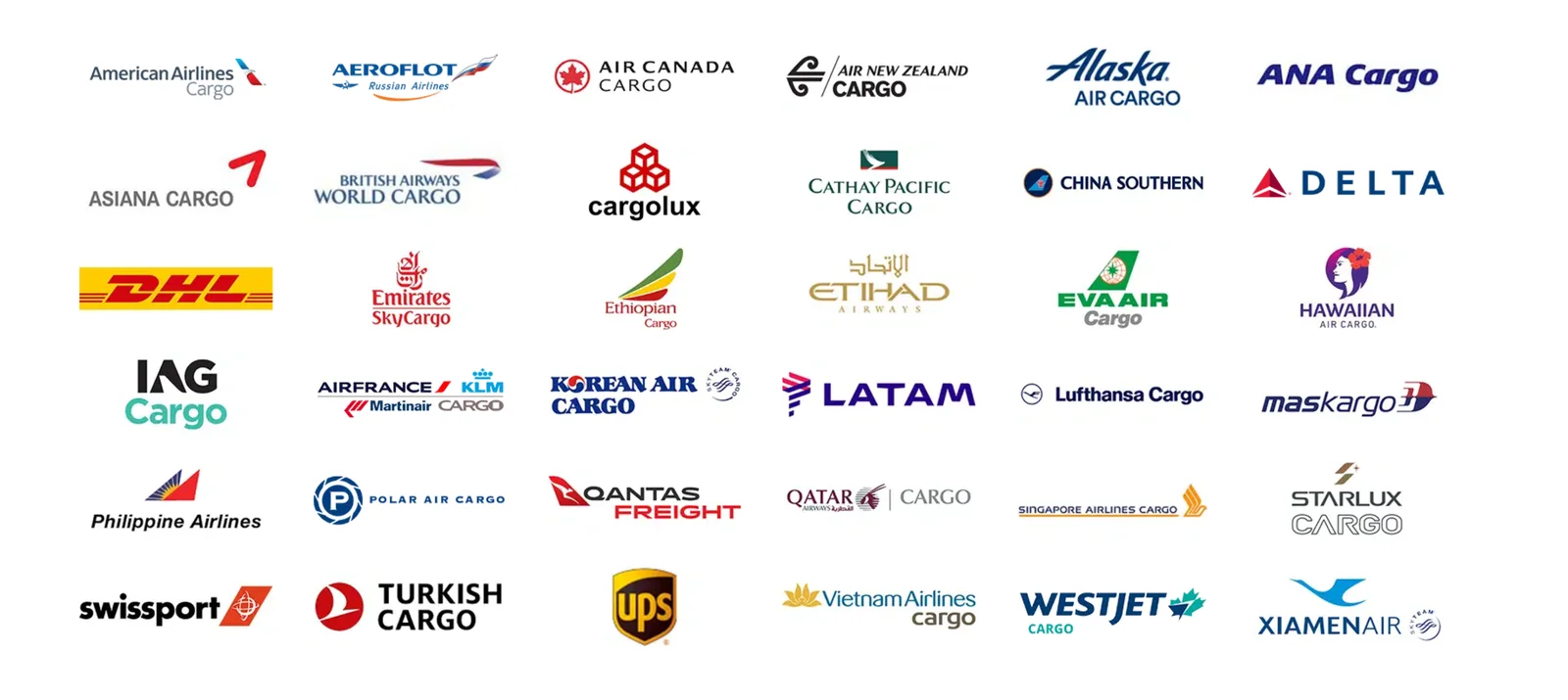 Logos of airline cargo partners, including American Airlines Cargo, Alaska Air Cargo, Delta, Emirates SkyCargo, Lufthansa Cargo and Turkish Cargo