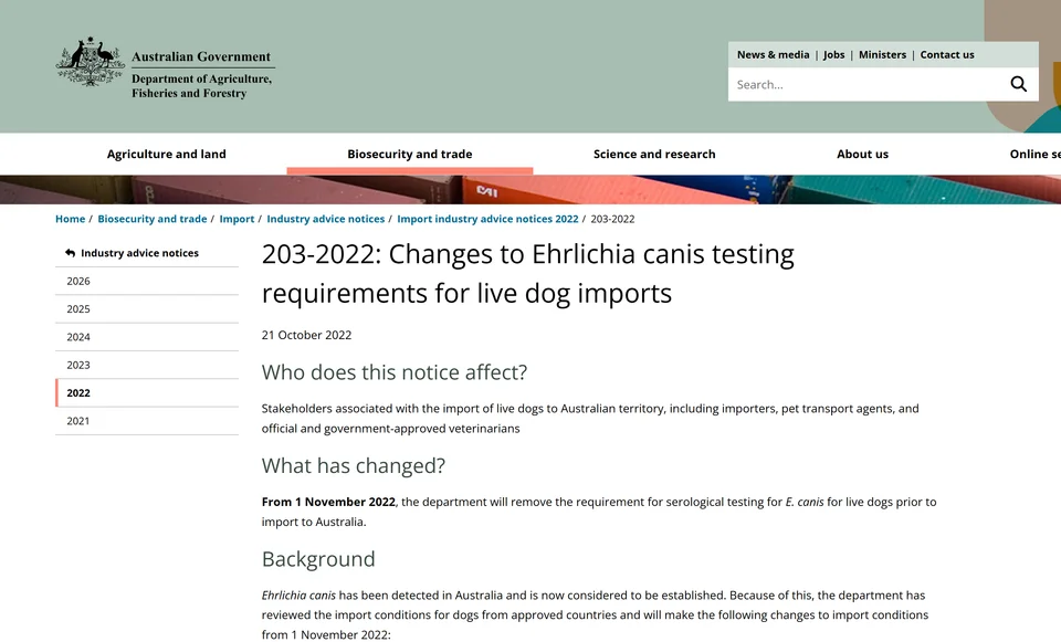 Australia’s 2022–2026 Dog Import Rule Change: Ehrlichia canis (E. canis) No Longer Must Test “Negative” — The Date, the Reason, and What It Means for Real Families